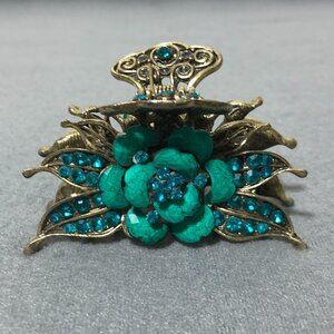 Vintage Silver Tone Metal Jeweled Rhinestones Hair Clip Claw Art Deco Faux Jade